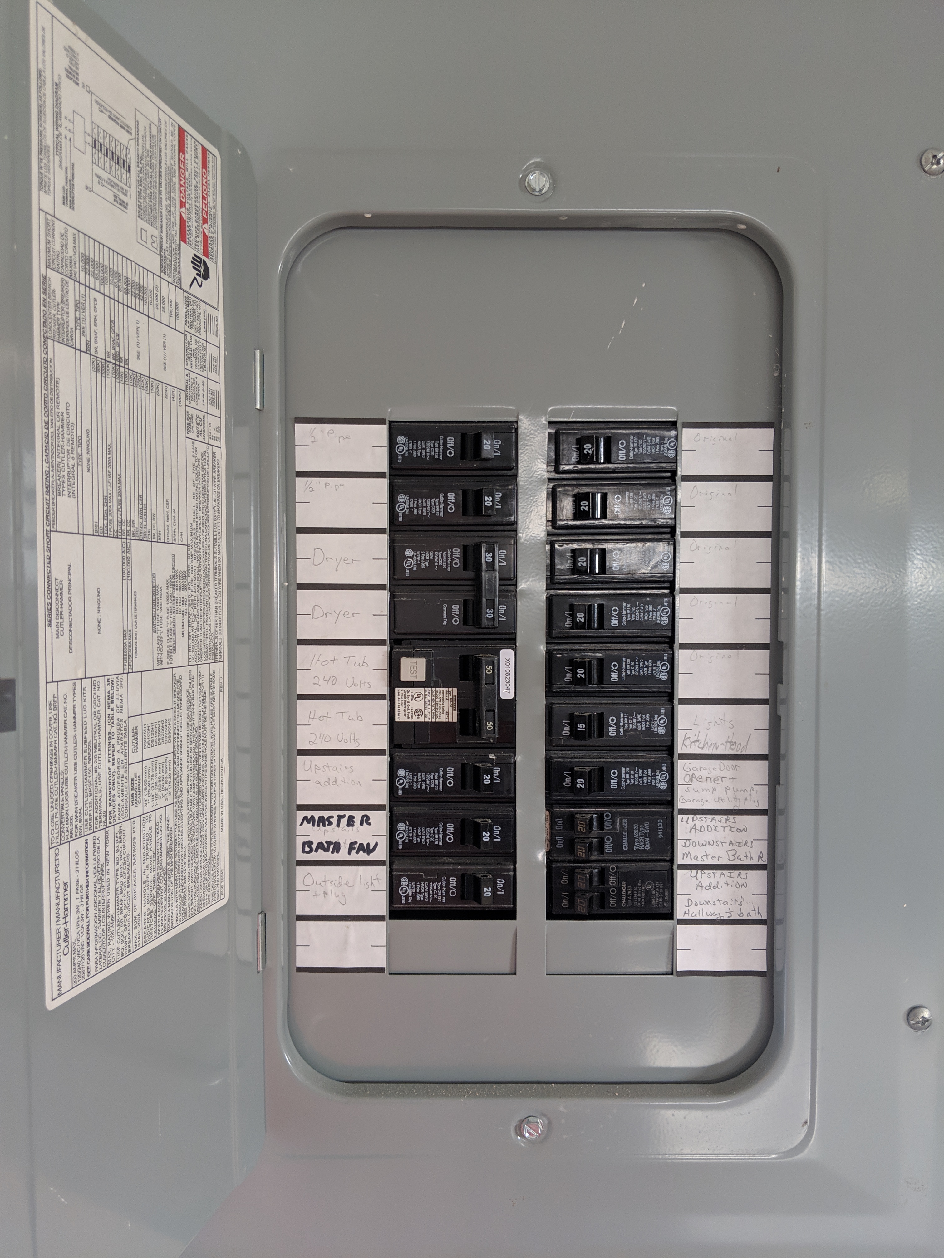 Residential electrical panel with labeled circuit breakers and its outer door open.