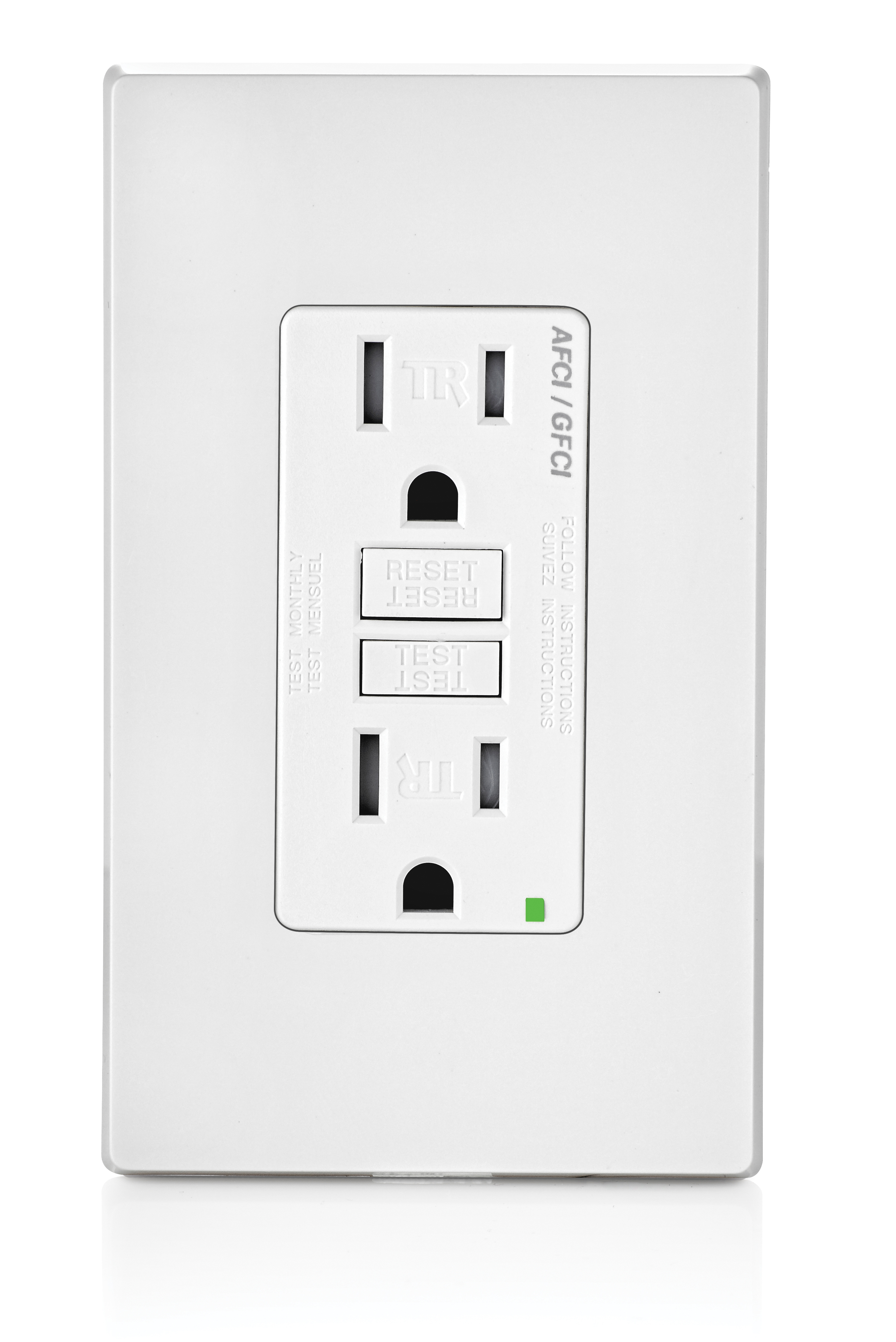 White dual-function AFCI/GFCI receptacle with TEST and RESET buttons.