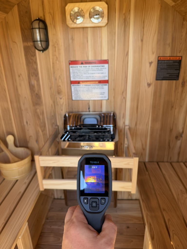 Thermal camera viewing an electric sauna heater inside a wood sauna